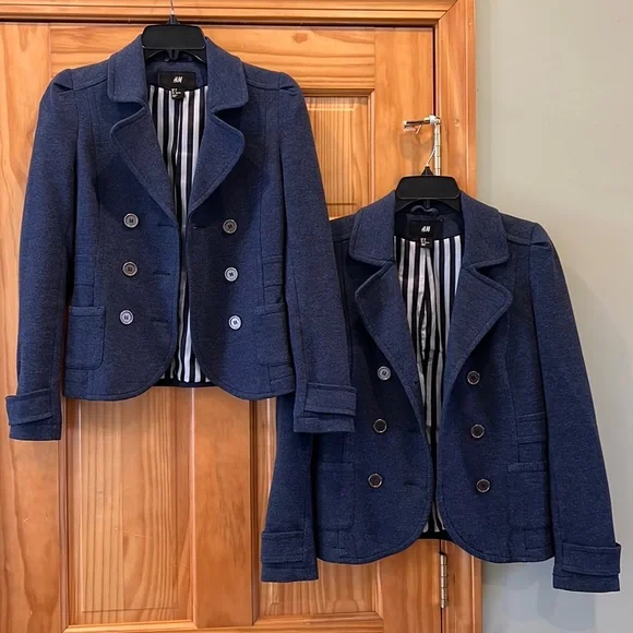 H&M Jersey Cotton Double Breasted Blazer Jacket in Navy Blue